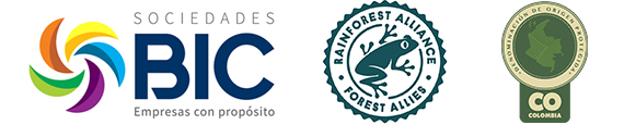 Logos de certificación: Empresas BIC, Rainforest Alliance, Denominación de Origen protegida.